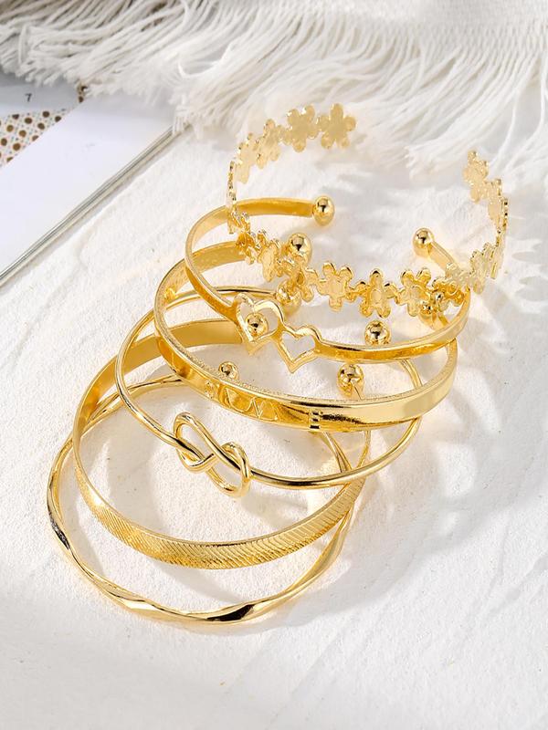 Women's Elegant Hollow out Flower & Heart Design Cuff Bangle (6pcs), Exquisite Trendy Bracelet, Fashionable Accessories for Daily & Party Decoration