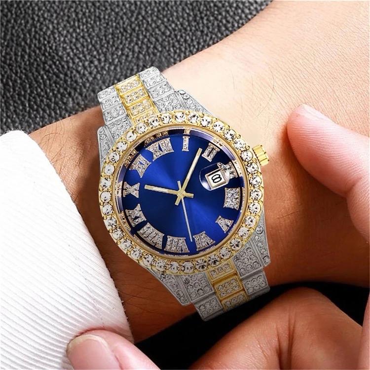 Men's Icy Elegance Watch with Rhinestones and Date Display for Parties and Daily Wear