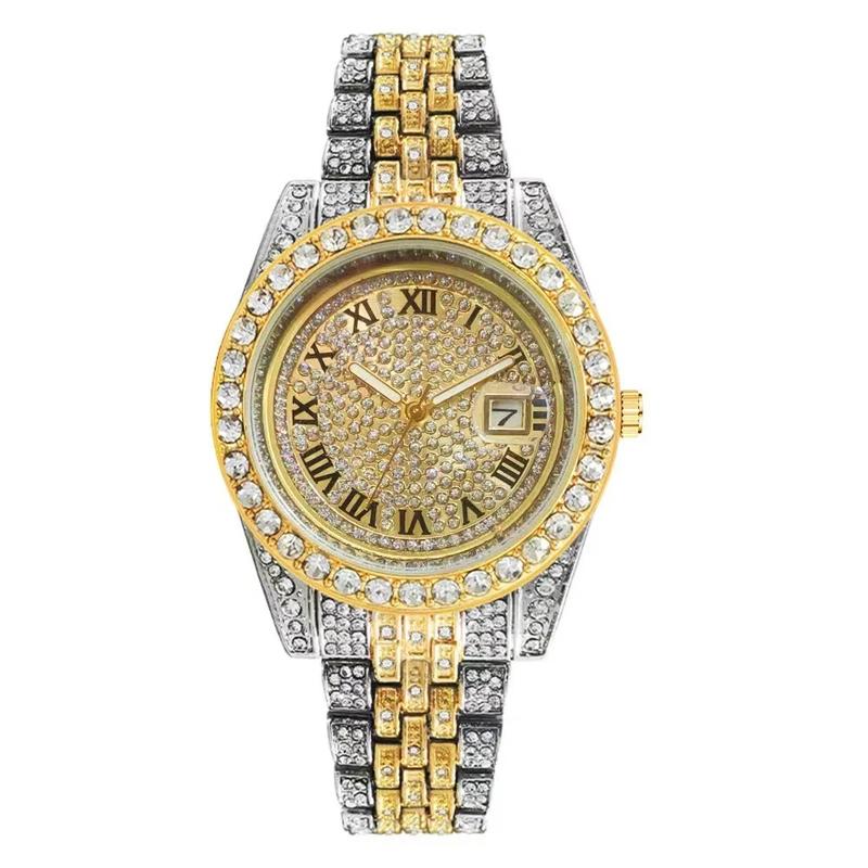 Men's Icy Elegance Watch with Rhinestones and Date Display for Parties and Daily Wear