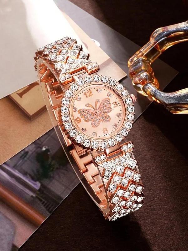 Women's Elegant Fashion Watch & Rhinestone Decorated Ring & Necklace & Earrings & Bracelet, Exquisite Watch Set for Women As Gift without Box