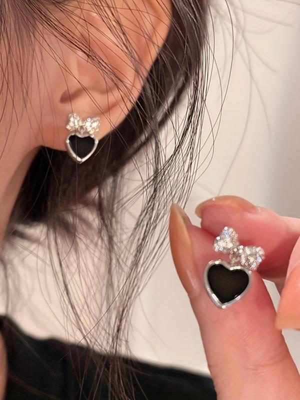 Fashion Heart & Bow Decor Stud Earrings (1 Pair), Rhinestone Decor Ear Jewelry for Women, Party, Daily Clothing Decor, Trendy All-match & Exquisite Jewelry for Birthday Gift