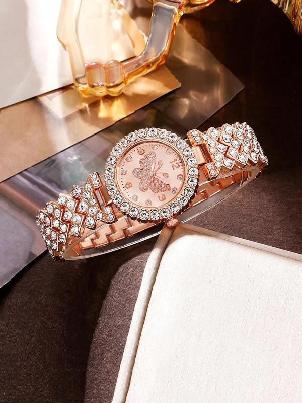 Women's Elegant Fashion Watch & Rhinestone Decorated Ring & Necklace & Earrings & Bracelet, Exquisite Watch Set for Women As Gift without Box