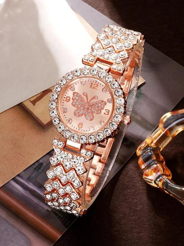 Women's Elegant Fashion Watch & Rhinestone Decorated Ring & Necklace & Earrings & Bracelet, Exquisite Watch Set for Women As Gift without Box