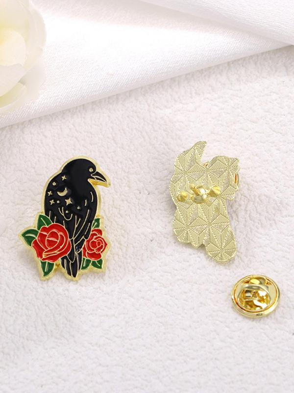 Cute Cartoon Raven & Flower Design Brooch As Gift, Animal & Flower Decor Clothes Brooch, Fashion Kawaii Accessories for Boyfriend & Girlfriend