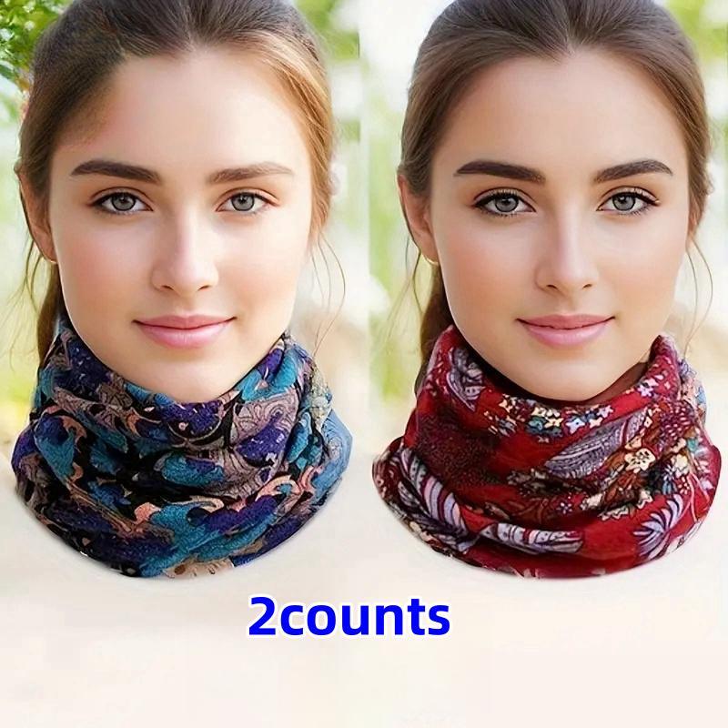 Boho Style Vintage Print Scarf, 2 Counts set Warm Elastic Neck Gaiter, Windproof Neck Warmer for Women & Men, Sports & Outdoor Accessories, Christmas Gift