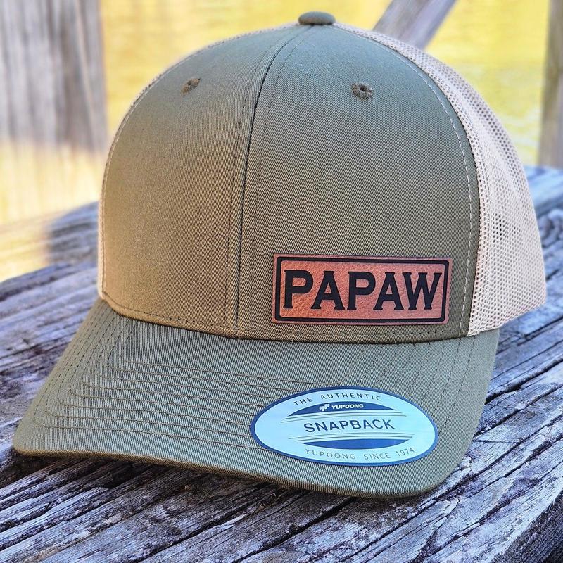 Dad, Daddy, Papa, Grandpa, Poppy, Pappy, Papaw, Pops, Richardson 112 Trucker Hat & Yupoong Laser Engraved Leather Patch Hat