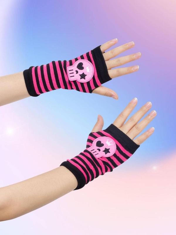 Women's Punk Style Skull Patched Design Gloves, Fashionable Striped Pattern Gloves for Fall & Winter, Casual Trendy Accessories for Daily Life