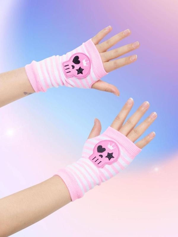 Women's Punk Style Skull Patched Design Gloves, Fashionable Striped Pattern Gloves for Fall & Winter, Casual Trendy Accessories for Daily Life