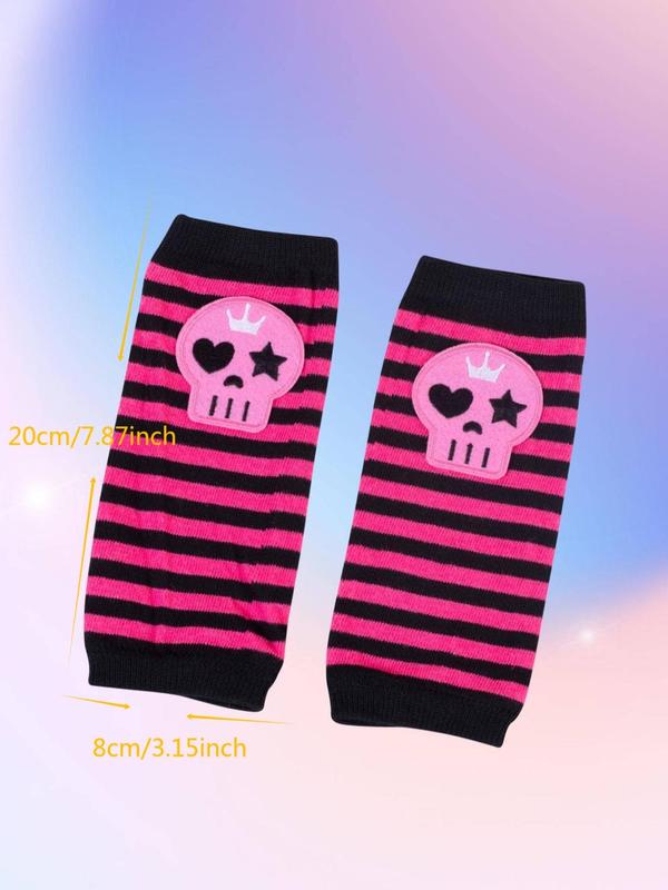 Women's Punk Style Skull Patched Design Gloves, Fashionable Striped Pattern Gloves for Fall & Winter, Casual Trendy Accessories for Daily Life