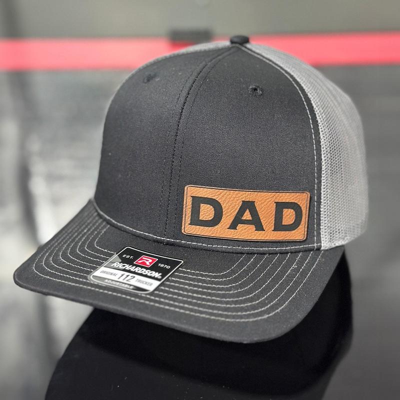 Dad, Daddy, Papa, Grandpa, Poppy, Pappy, Papaw, Pops, Richardson 112 Trucker Hat & Yupoong Laser Engraved Leather Patch Hat