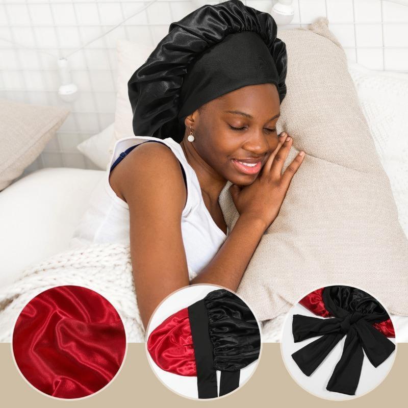 AWAYTR Satin Bonnet Silk Like Bonnets for Sleeping Sleep Cap Double Layer Hair Care Bonnet with Elastic Tie Band for Curly Hair Night Cap