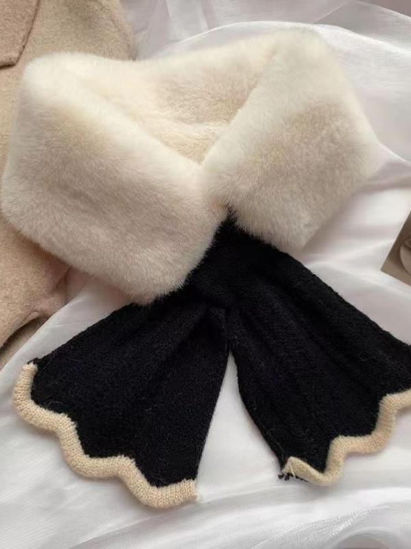 Women's Solid Color Thickened Warm Scarf, Faux Rabbit Fur Knitted Scarf, Plush Scarf with Fleece Collar, Winter Scarf for Fall & Winter