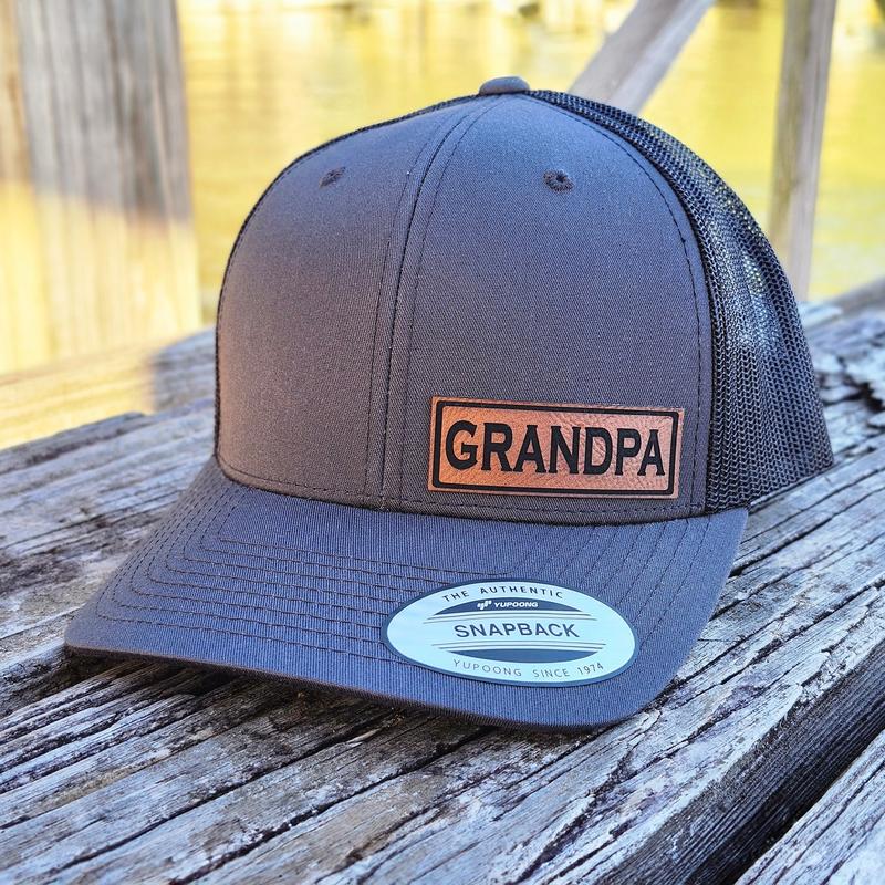 Dad, Daddy, Papa, Grandpa, Poppy, Pappy, Papaw, Pops, Richardson 112 Trucker Hat & Yupoong Laser Engraved Leather Patch Hat