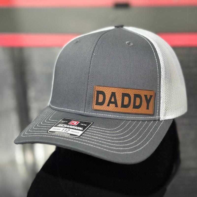 Dad, Daddy, Papa, Grandpa, Poppy, Pappy, Papaw, Pops, Richardson 112 Trucker Hat & Yupoong Laser Engraved Leather Patch Hat