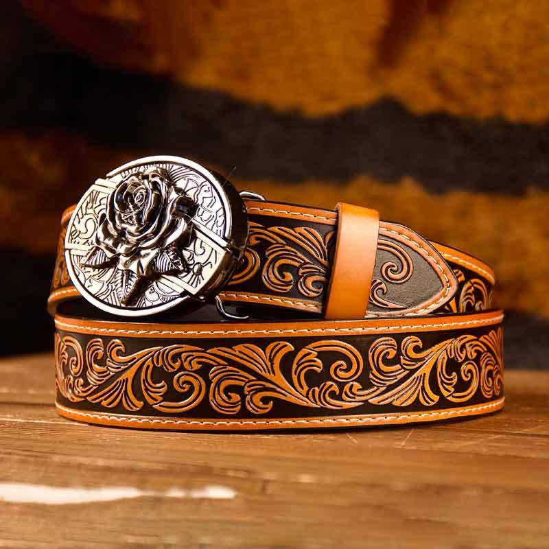 Western Brown Leather Printed Belt and Oval removable western cowboy cowgirl Buckle Costume Decoration