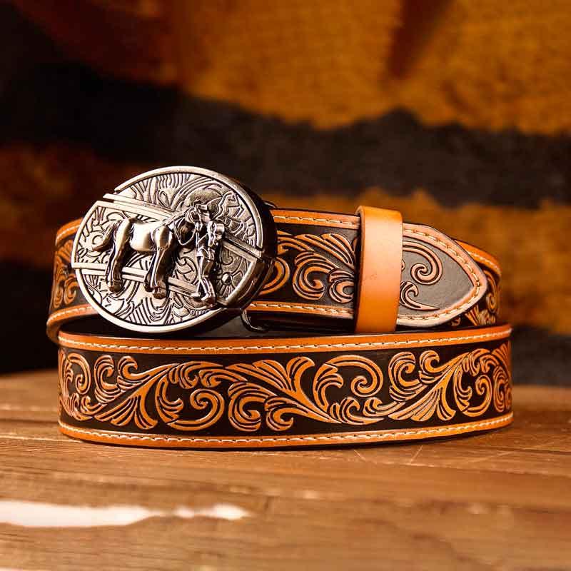 Western Brown Leather Printed Belt and Oval removable western cowboy cowgirl Buckle Costume Decoration