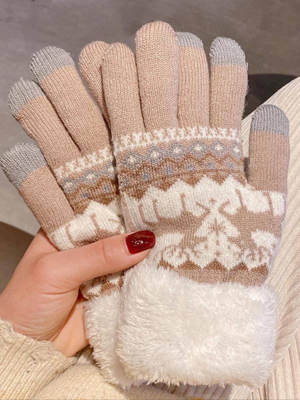 Women's Cute Geometric & Animal Pattern Contrast Faux Fur Design Touch Screen Gloves, Casual Trendy Warm Gloves for Fall & Winter, Fashionable Gloves for Women & Girls