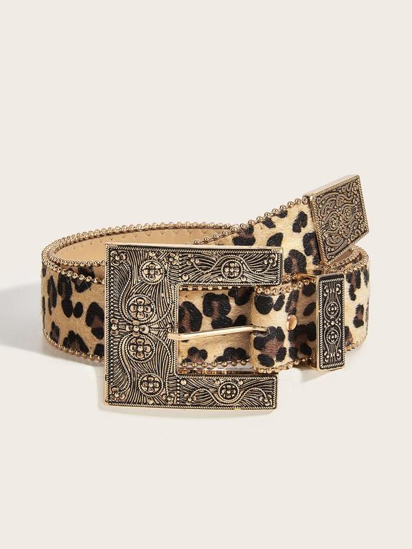 Women's Vintage Leopard Print PU Buckle Belt, Fashion Flower Engraved Buckle Western Belt for Daily Clothing Decor, Trendy All-match & Exquisite Belt for Birthday Gift