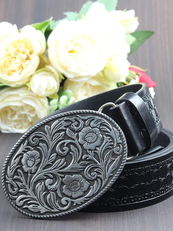 Western Cow Head Decor Pu Buckle Belt, Fashionable Vintage Style Belt for Men & Women, Casual Waistband for Jeans Trousers