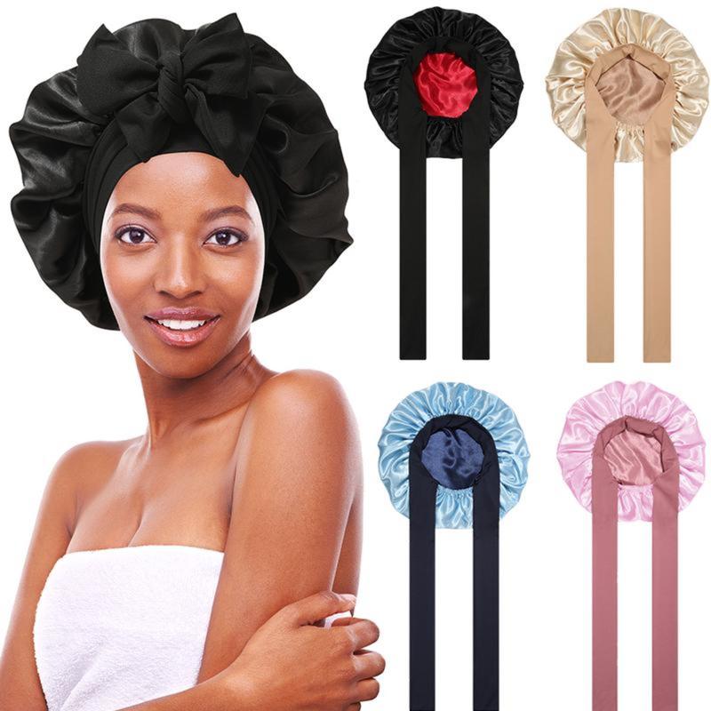 AWAYTR Satin Bonnet Silk Like Bonnets for Sleeping Sleep Cap Double Layer Hair Care Bonnet with Elastic Tie Band for Curly Hair Night Cap