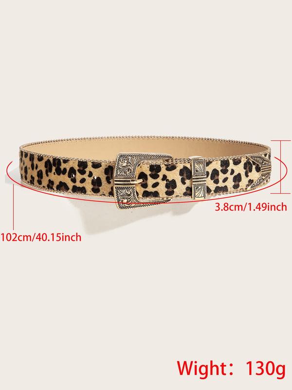 Women's Vintage Leopard Print PU Buckle Belt, Fashion Flower Engraved Buckle Western Belt for Daily Clothing Decor, Trendy All-match & Exquisite Belt for Birthday Gift