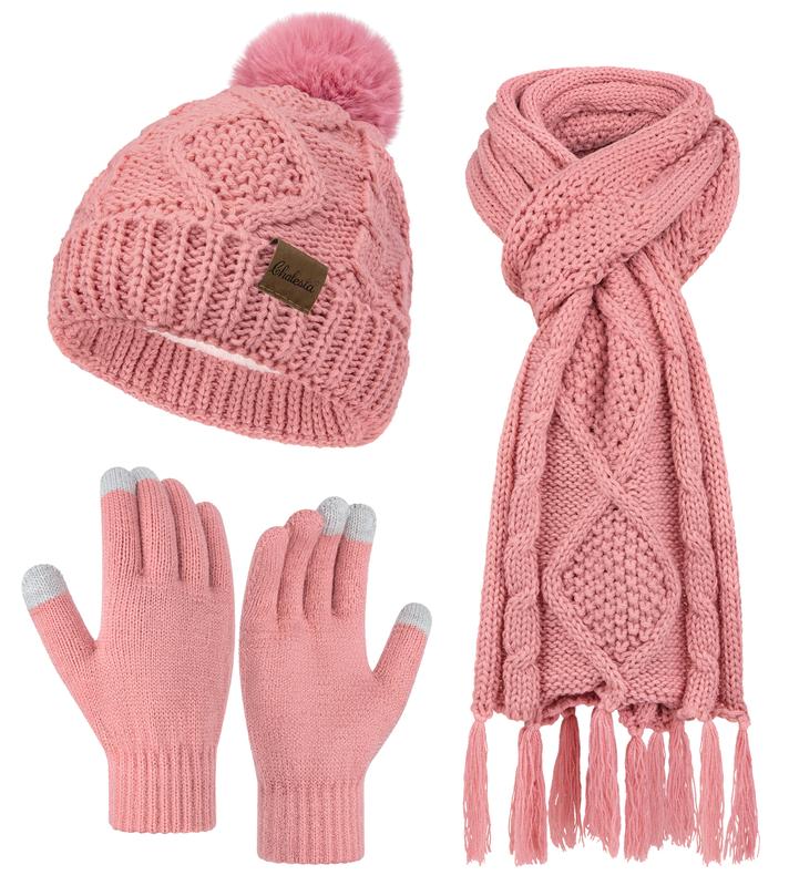 3 Pieces Women Winter Hat Gloves Scarf Set, Soft Warm Thick Touch Screen Knitted Pink