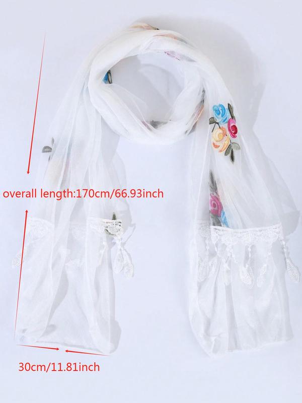 Colorful Floral Embroidery Lace Design Scarf, Boho Style Shawl for Women, Fashion Accessories for Daily Wear