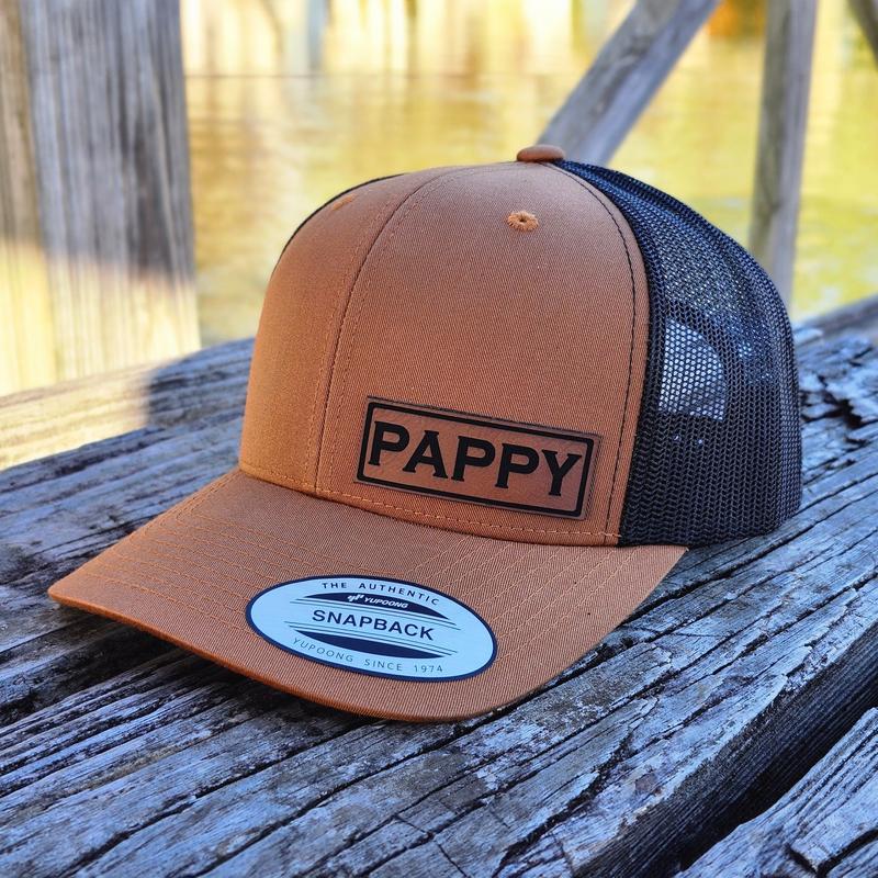 Dad, Daddy, Papa, Grandpa, Poppy, Pappy, Papaw, Pops, Richardson 112 Trucker Hat & Yupoong Laser Engraved Leather Patch Hat