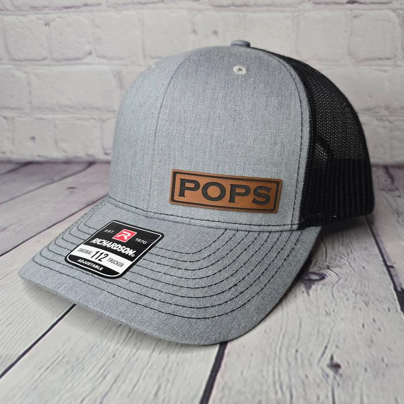 Dad, Daddy, Papa, Grandpa, Poppy, Pappy, Papaw, Pops, Richardson 112 Trucker Hat & Yupoong Laser Engraved Leather Patch Hat