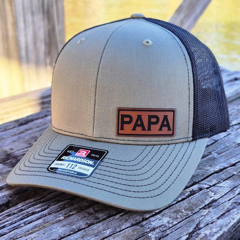 Dad, Daddy, Papa, Grandpa, Poppy, Pappy, Papaw, Pops, Richardson 112 Trucker Hat & Yupoong Laser Engraved Leather Patch Hat