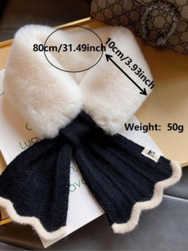 Women's Solid Color Thickened Warm Scarf, Faux Rabbit Fur Knitted Scarf, Plush Scarf with Fleece Collar, Winter Scarf for Fall & Winter