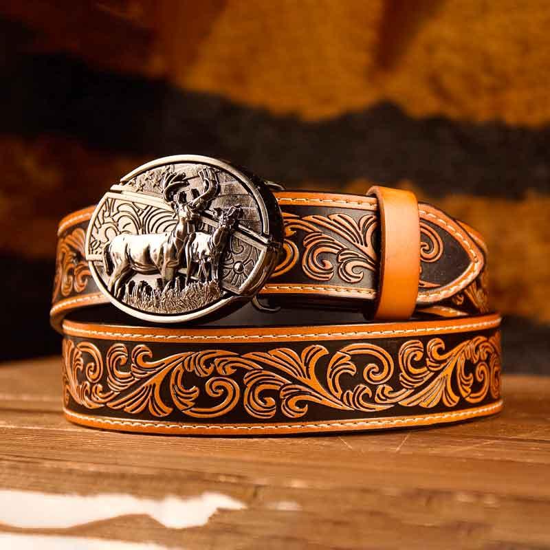 Western Brown Leather Printed Belt and Oval removable western cowboy cowgirl Buckle Costume Decoration