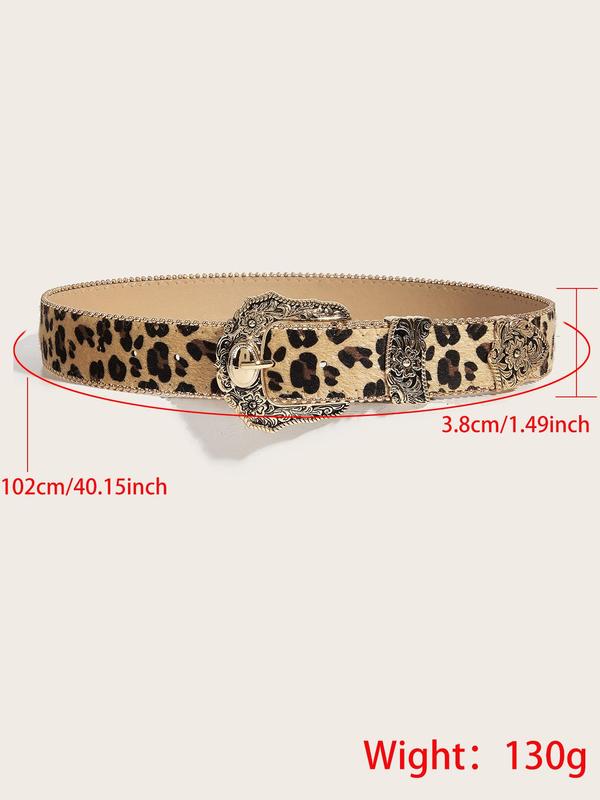 Women's Vintage Leopard Print PU Buckle Belt, Fashion Flower Engraved Buckle Western Belt for Daily Clothing Decor, Trendy All-match & Exquisite Belt for Birthday Gift