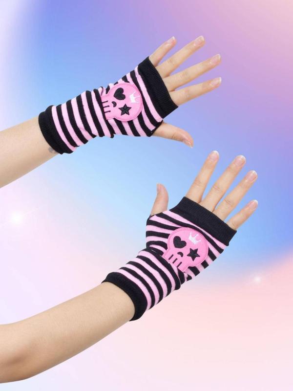 Women's Punk Style Skull Patched Design Gloves, Fashionable Striped Pattern Gloves for Fall & Winter, Casual Trendy Accessories for Daily Life