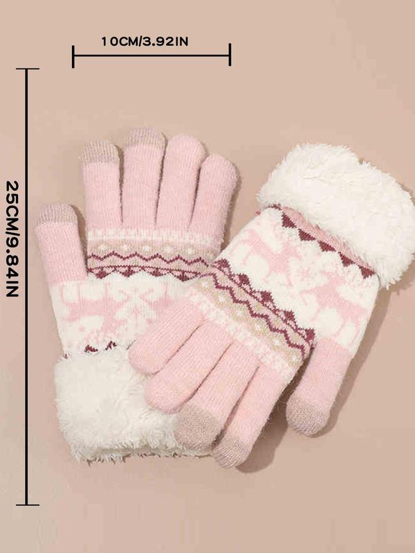 Women's Cute Geometric & Animal Pattern Contrast Faux Fur Design Touch Screen Gloves, Casual Trendy Warm Gloves for Fall & Winter, Fashionable Gloves for Women & Girls