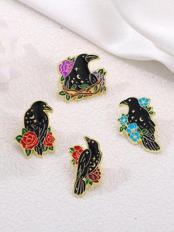 Cute Cartoon Raven & Flower Design Brooch As Gift, Animal & Flower Decor Clothes Brooch, Fashion Kawaii Accessories for Boyfriend & Girlfriend