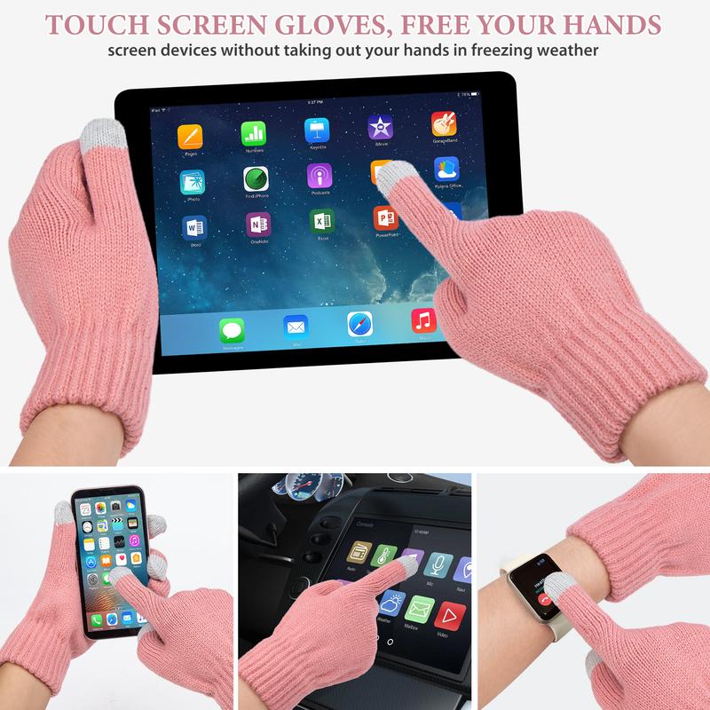 3 Pieces Women Winter Hat Gloves Scarf Set, Soft Warm Thick Touch Screen Knitted Pink