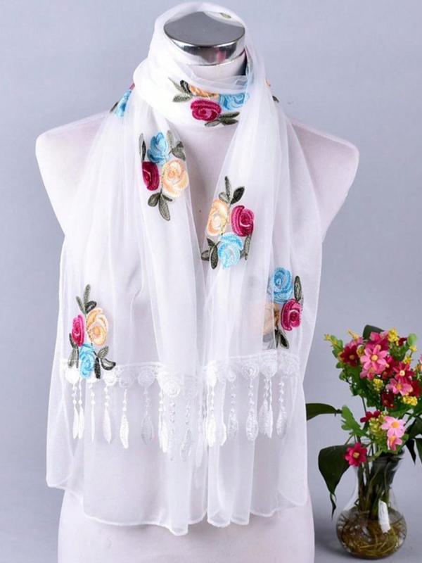 Colorful Floral Embroidery Lace Design Scarf, Boho Style Shawl for Women, Fashion Accessories for Daily Wear