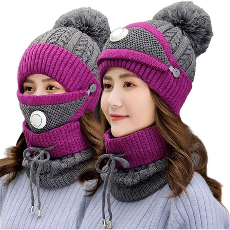 Women's Winter Hat Set with Warm Face Mask and Neck Scarf - Fashionable and Thickened