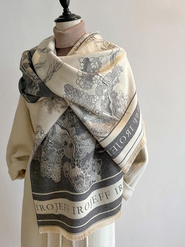 Women's Elegant Letter & Floral Print Scarf, Trendy Soft Comfortable Shawl, Fashionable Scarf for All Seasons for Women & Girls