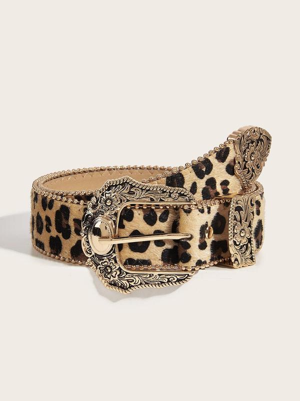 Women's Vintage Leopard Print PU Buckle Belt, Fashion Flower Engraved Buckle Western Belt for Daily Clothing Decor, Trendy All-match & Exquisite Belt for Birthday Gift