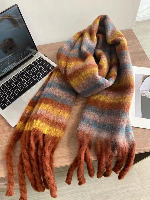 Colorblock Striped Pattern Tassel Decor Scarf, Casual Soft Warm Shawl for Fall & Winter, Fashion Accessories for Women & Men