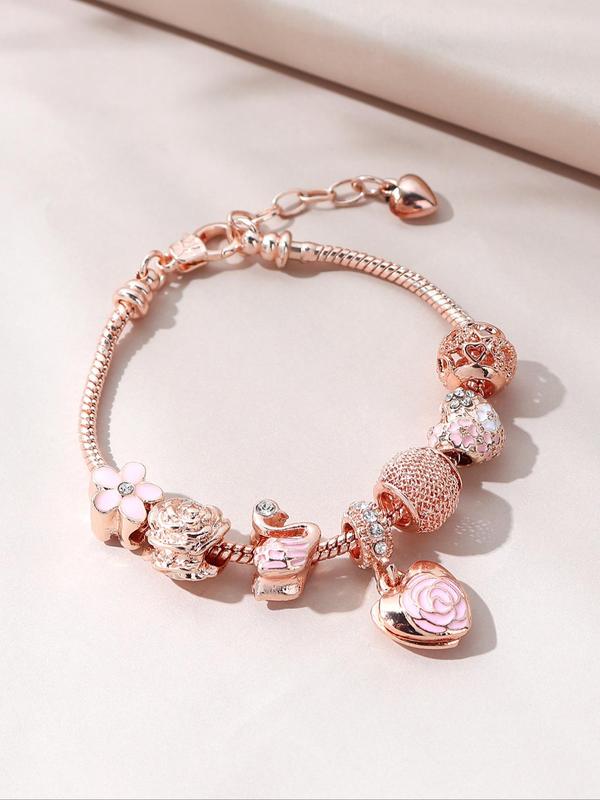 Elegant Heart & Flower Design Charm Matching Bracelets, Exquisite Trendy Beaded Bracelet, Fashionable All-match Iced Out Jewelry for Daily & Party Decoration