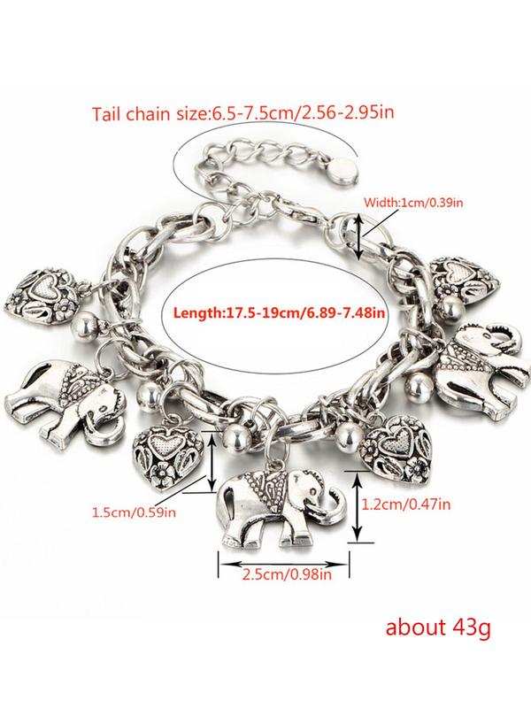 Vintage Elephant & Heart Charm Design Anklet for Women, Casual Adjustable Anklet for Party, Daily Clothing Decor, Trendy All-match & Exquisite Jewelry for Birthday Gift