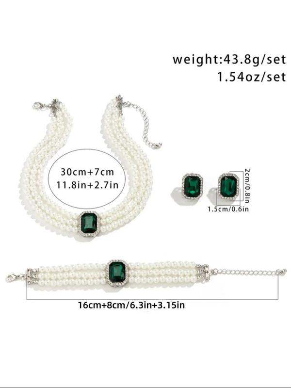 Women's Elegant Fashion Rhinestone & Artificial Gemstone Decor Jewelry Set, Exquisite Trendy Faux Pearl Decorated Layered Necklace & Bracelet & Earrings, Fashion Accessories for Party & Daily Decor