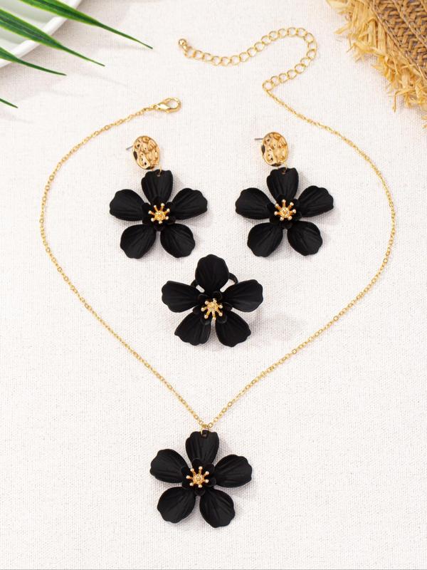 Elegant Flower Themed Design Dangle Earrings & Adjustable Pendant Necklace & Ring, Trendy All-match & Exquisite Jewelry Set for Women As Gift