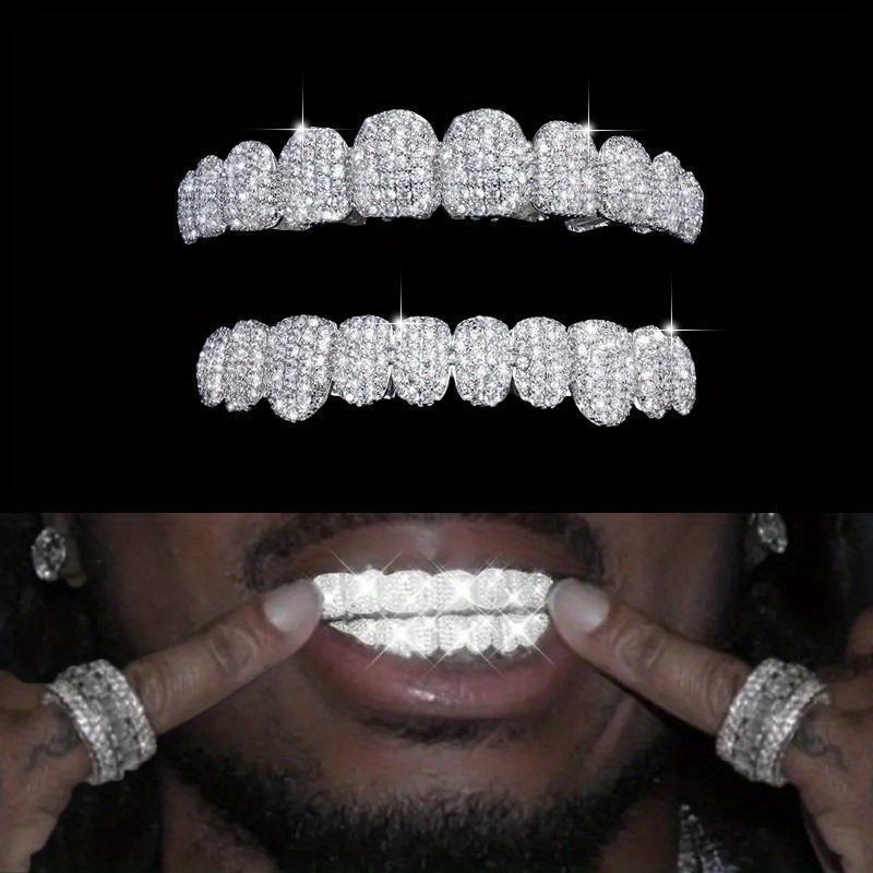 2 Piece Top & Bottom Set for Rappers and Cosplayers - Premium Punk Tooth Caps, Instantly Transform Your SmileSet Hip Hop Cubic Zirconia Teeth Grills Punk Tooth Caps Cosplay Rapper Jewelry Glittering Hip Hop Cubic Zirconia Teeth Grills -