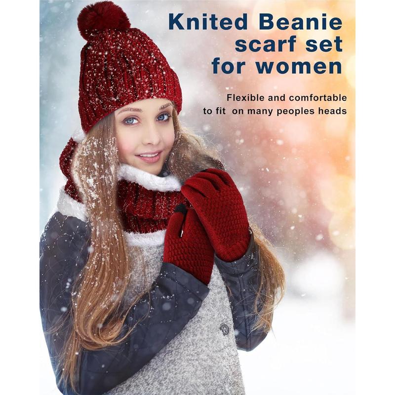 18 count Winter Beanie Hat Scarf Gloves Set for Women Include 6 count Knit Hat Warm Beanie with Pompom 6 count Fleece Lined  Warmer 6 Pair Warm Touchscreen Gloves for Women Gifts Christmas