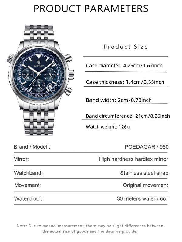 Men's Business Fashion Round Dial Luxury Analog Quartz Watch, Waterproof Luminous Date Chronograph Watch, Stainless Steel Watch for Men Gifts, with Box