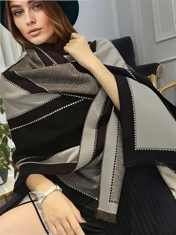 Women's Geometric Print Double Sided Shawl, Elegant Warm Thick Scarf for Fall & Winter, Fashion Accessories for Women & Girls